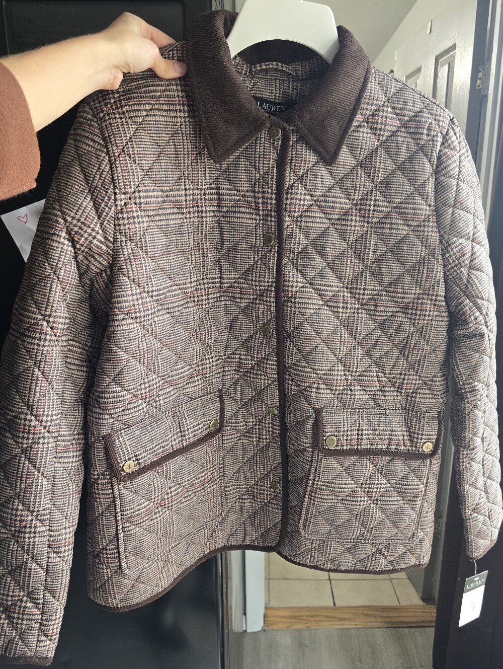 Lauren Ralph Lauren Quilted Plaid Bomber Jacket in Brown and Tan